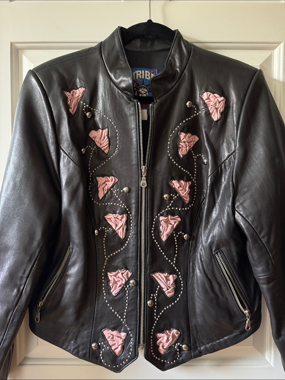 Tribe America Black Leather Jacket with Pink Rosette Details